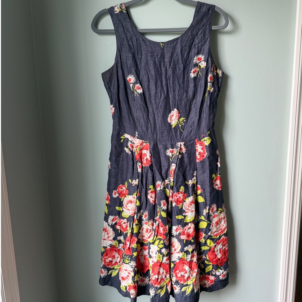 Lands' End 100% Linen Dress Blue Pink Red Floral Sleeveless Romantic 8P 8 Petite